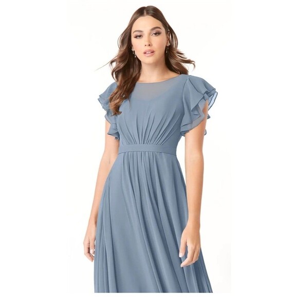 Azazie Daphne A-Line Floor Length Chiffon Dress Custom Size ~A8/A10 Dusty Blue - Picture 3 of 13